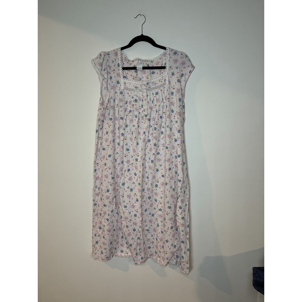 Aria cap-sleeve cotton nightgown pink & blue ditsy floral print lace trim 1X